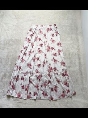 Pink Rose Cream Floral Maxi Skirt with Burgandy Rose Print